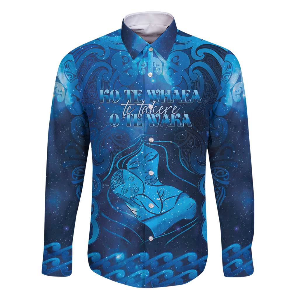 Personalised New Zealand Mother's Day Family Matching Mermaid Dress and Hawaiian Shirt Ko Te Whaea Te Takere O Te Waka LT05 Dad's Shirt - Long Sleeve Blue - Polynesian Pride