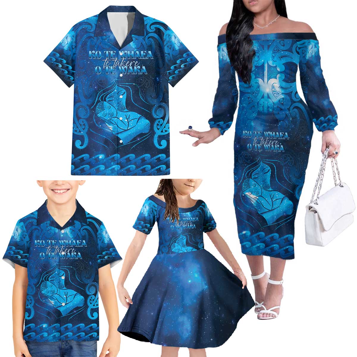 Personalised New Zealand Mother's Day Family Matching Off The Shoulder Long Sleeve Dress and Hawaiian Shirt Ko Te Whaea Te Takere O Te Waka LT05 - Polynesian Pride