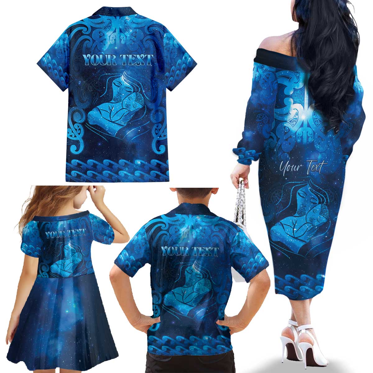 Personalised New Zealand Mother's Day Family Matching Off The Shoulder Long Sleeve Dress and Hawaiian Shirt Ko Te Whaea Te Takere O Te Waka LT05 - Polynesian Pride