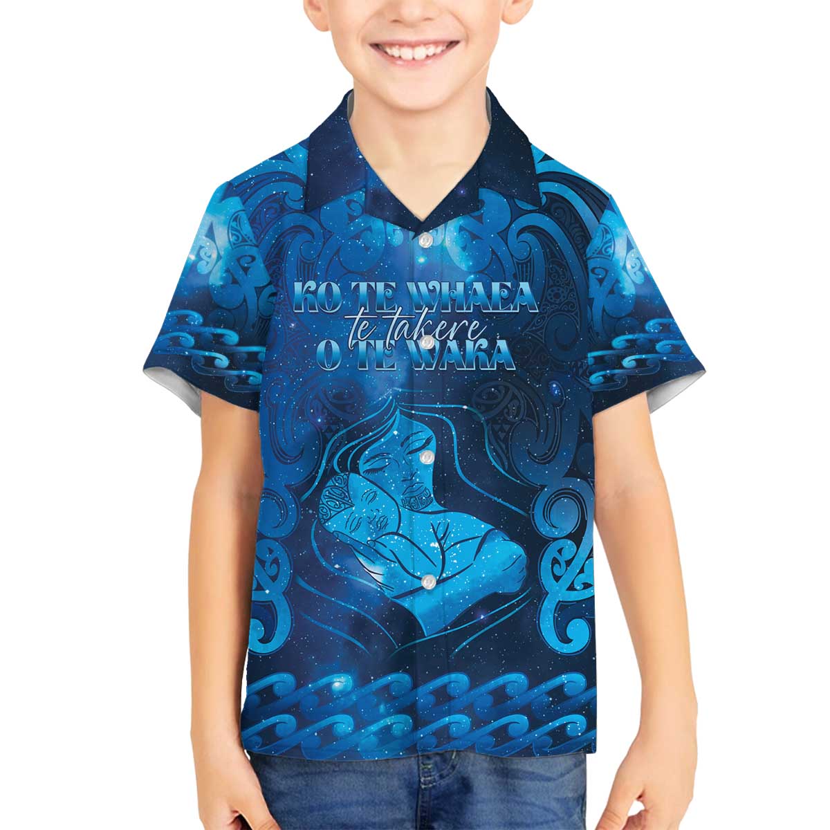 Personalised New Zealand Mother's Day Family Matching Off The Shoulder Long Sleeve Dress and Hawaiian Shirt Ko Te Whaea Te Takere O Te Waka LT05 Son's Shirt Blue - Polynesian Pride