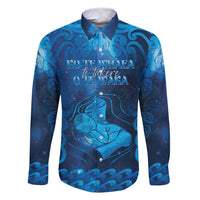 Personalised New Zealand Mother's Day Family Matching Off Shoulder Short Dress and Hawaiian Shirt Ko Te Whaea Te Takere O Te Waka LT05 Dad's Shirt - Long Sleeve Blue - Polynesian Pride