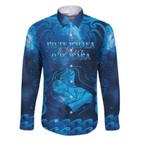 Personalised New Zealand Mother's Day Family Matching Puletasi and Hawaiian Shirt Ko Te Whaea Te Takere O Te Waka LT05 Dad's Shirt - Long Sleeve Blue - Polynesian Pride