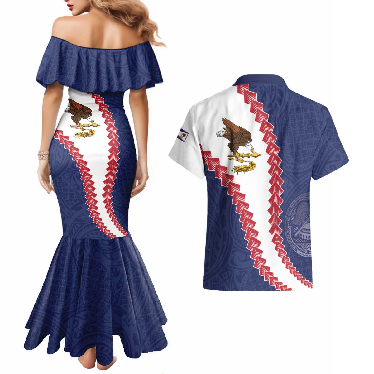American Samoa Eagle Couples Matching Mermaid Dress and Hawaiian Shirt Polynesian Tribal Pattern Curve Style