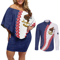 American Samoa Eagle Couples Matching Off Shoulder Short Dress and Long Sleeve Button Shirt Polynesian Tribal Pattern Curve Style