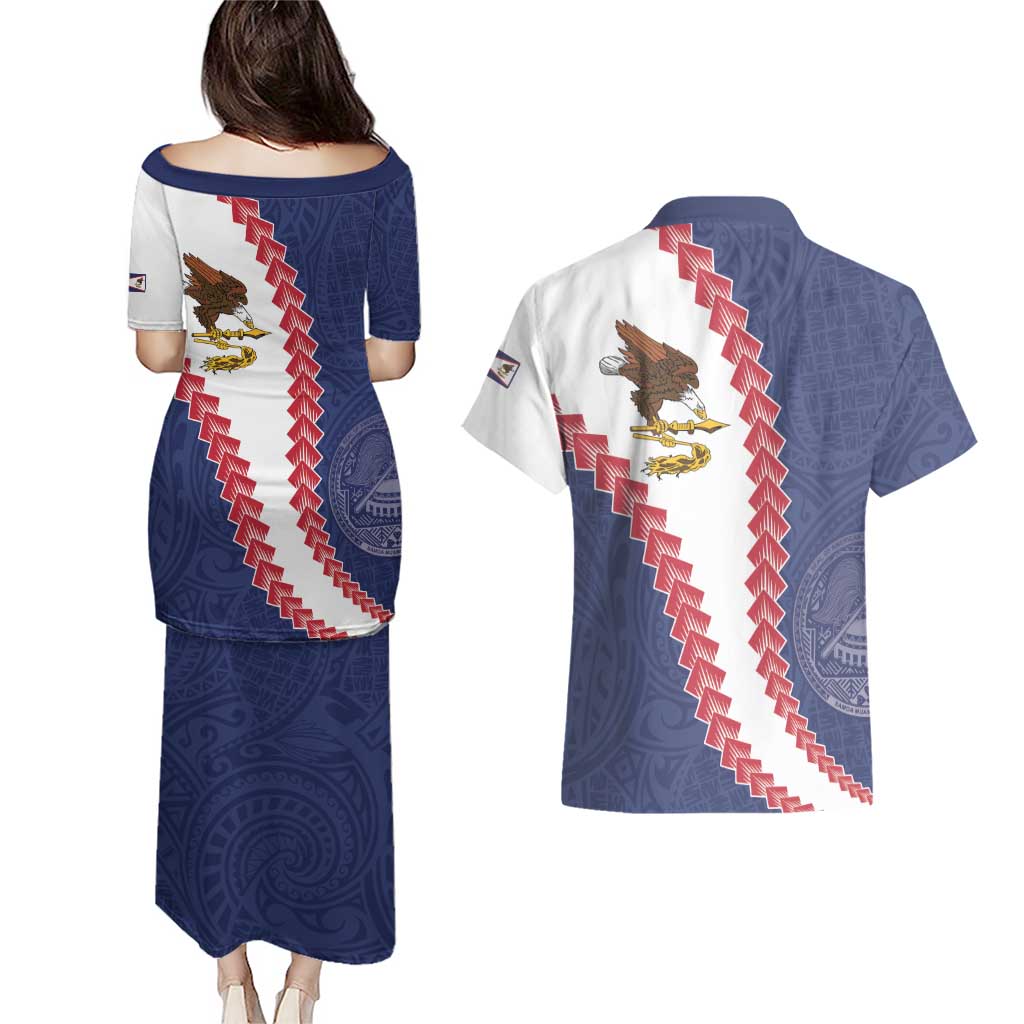 American Samoa Eagle Couples Matching Puletasi and Hawaiian Shirt Polynesian Tribal Pattern Curve Style