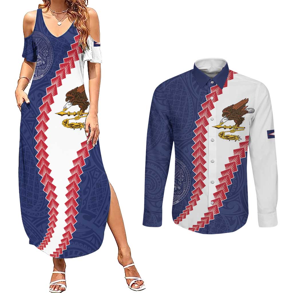 American Samoa Eagle Couples Matching Summer Maxi Dress and Long Sleeve Button Shirt Polynesian Tribal Pattern Curve Style