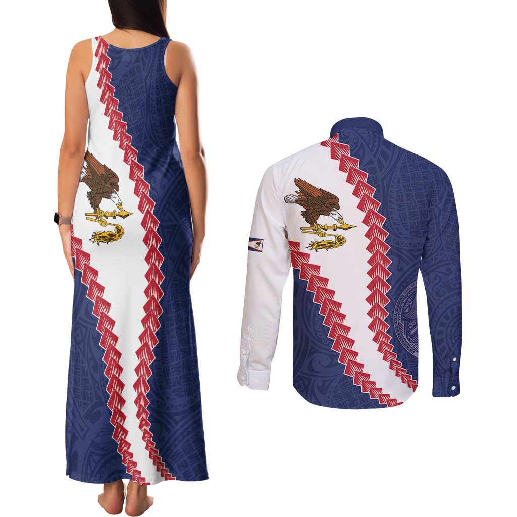 American Samoa Eagle Couples Matching Tank Maxi Dress and Long Sleeve Button Shirt Polynesian Tribal Pattern Curve Style