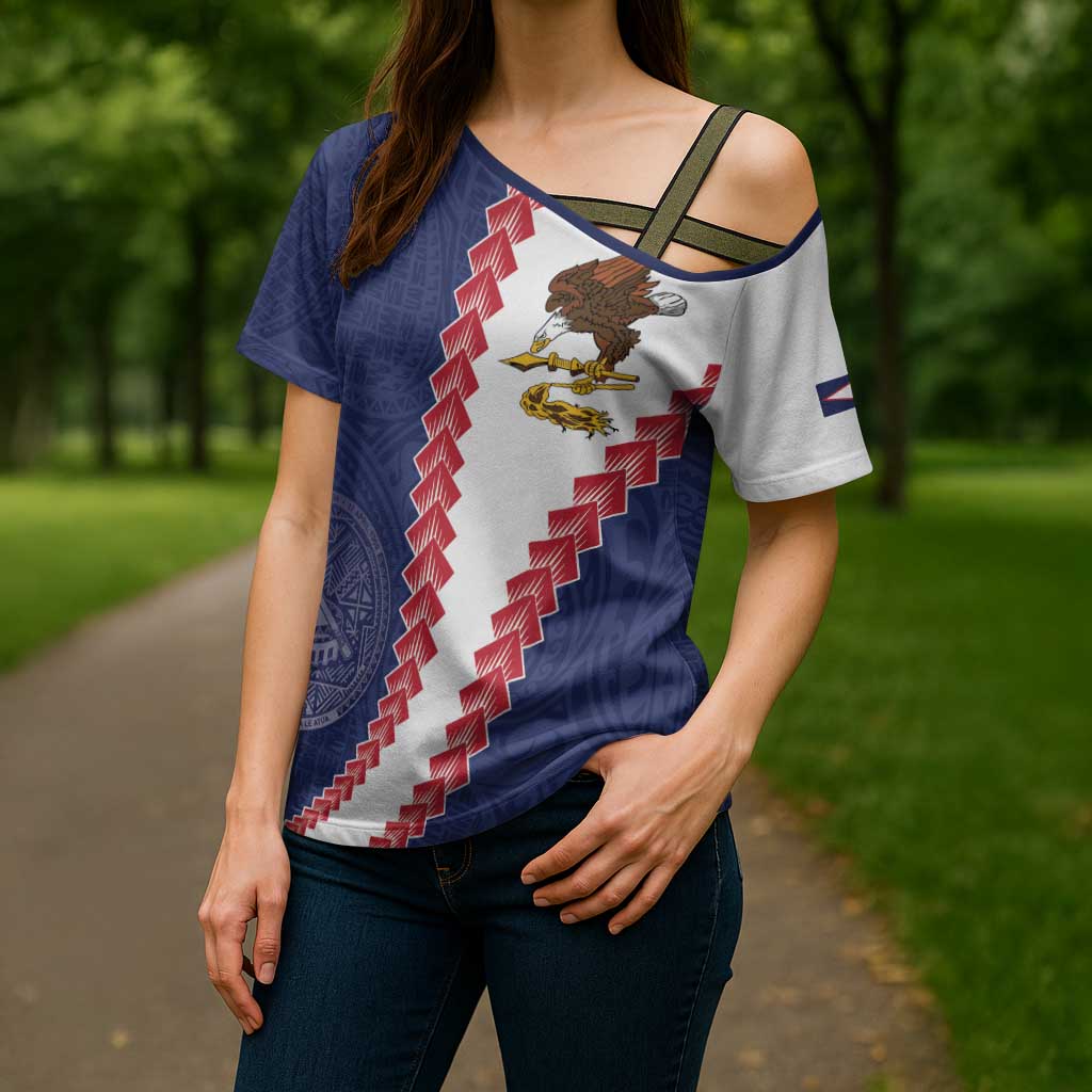 American Samoa Eagle Cross Shoulder Shirt Polynesian Tribal Pattern Curve Style