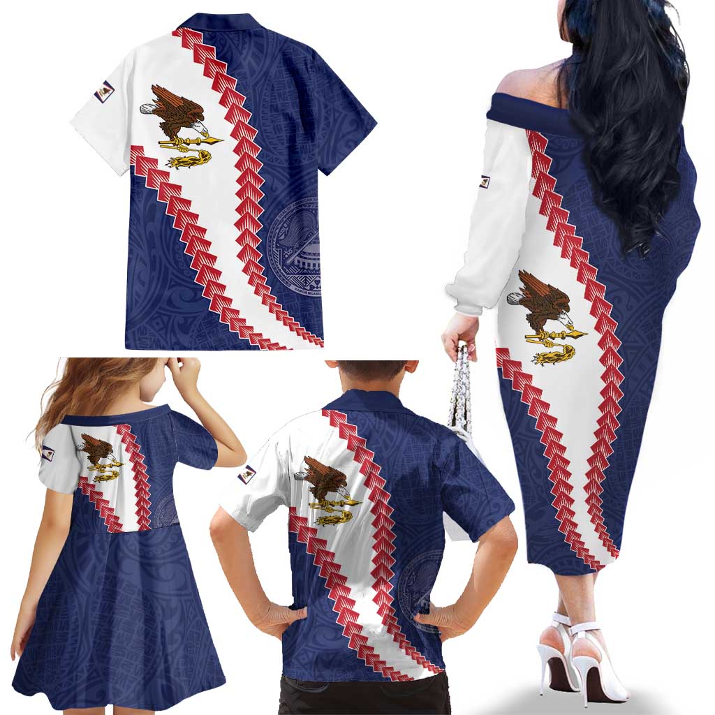 American Samoa Eagle Family Matching Off The Shoulder Long Sleeve Dress and Hawaiian Shirt Polynesian Tribal Pattern Curve Style