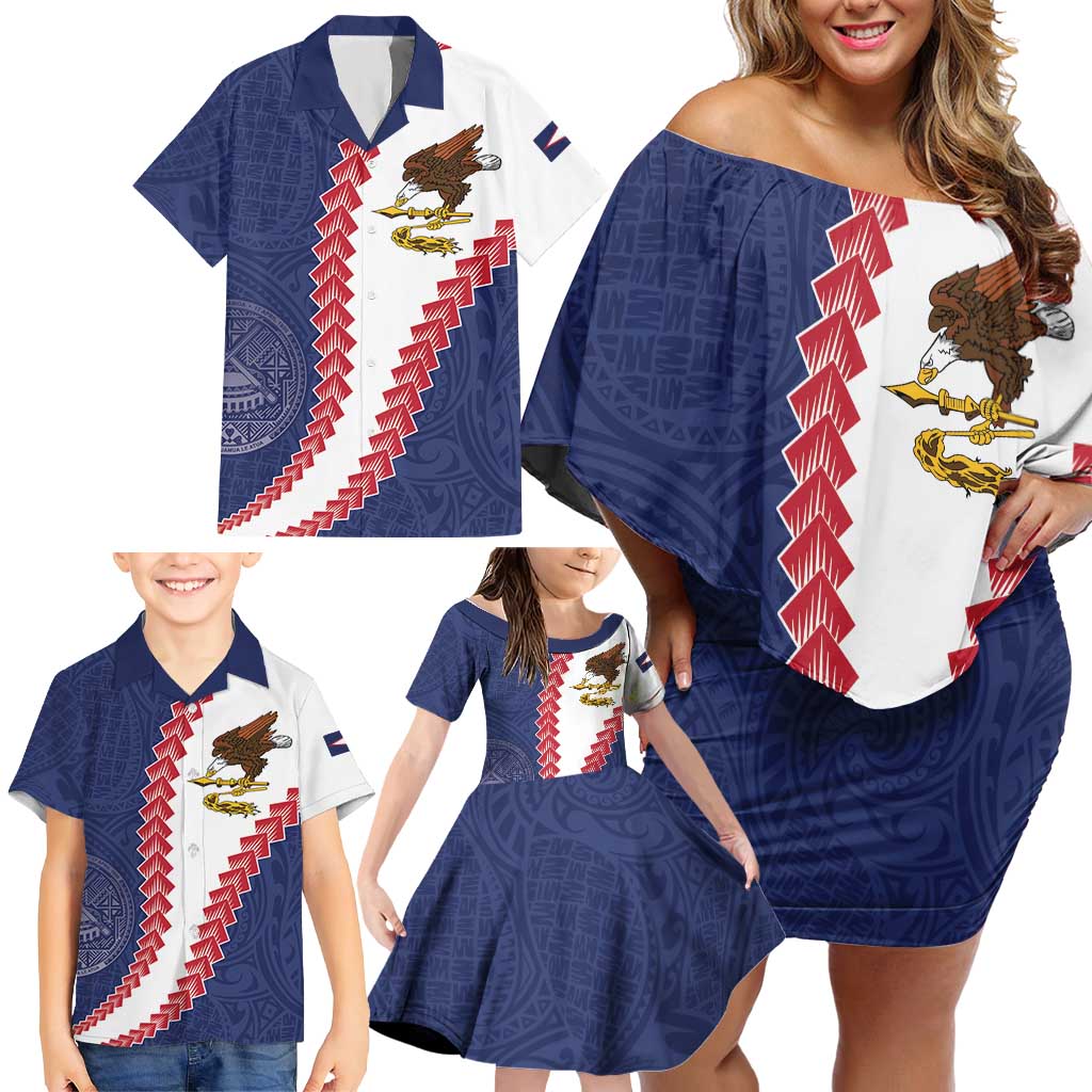 American Samoa Eagle Family Matching Off Shoulder Short Dress and Hawaiian Shirt Polynesian Tribal Pattern Curve Style