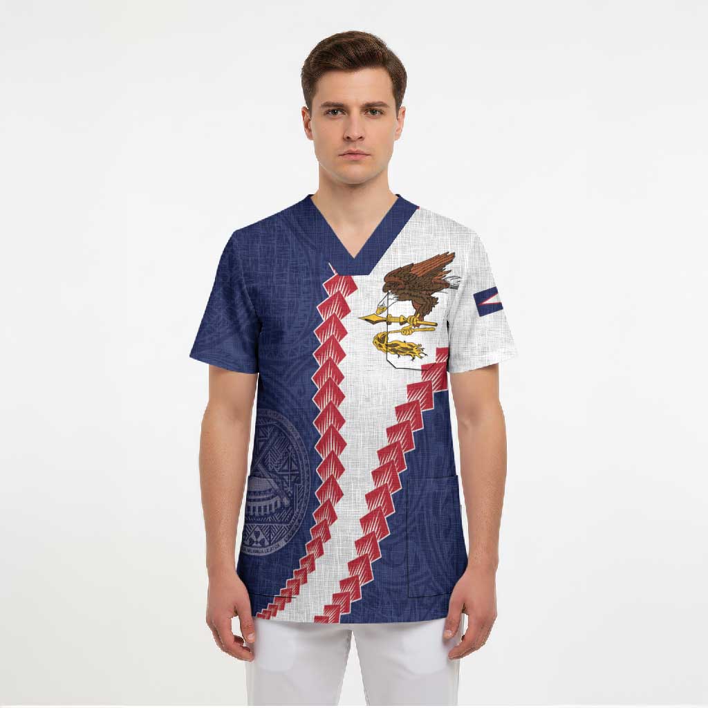 American Samoa Eagle Scrub Top Polynesian Tribal Pattern Curve Style