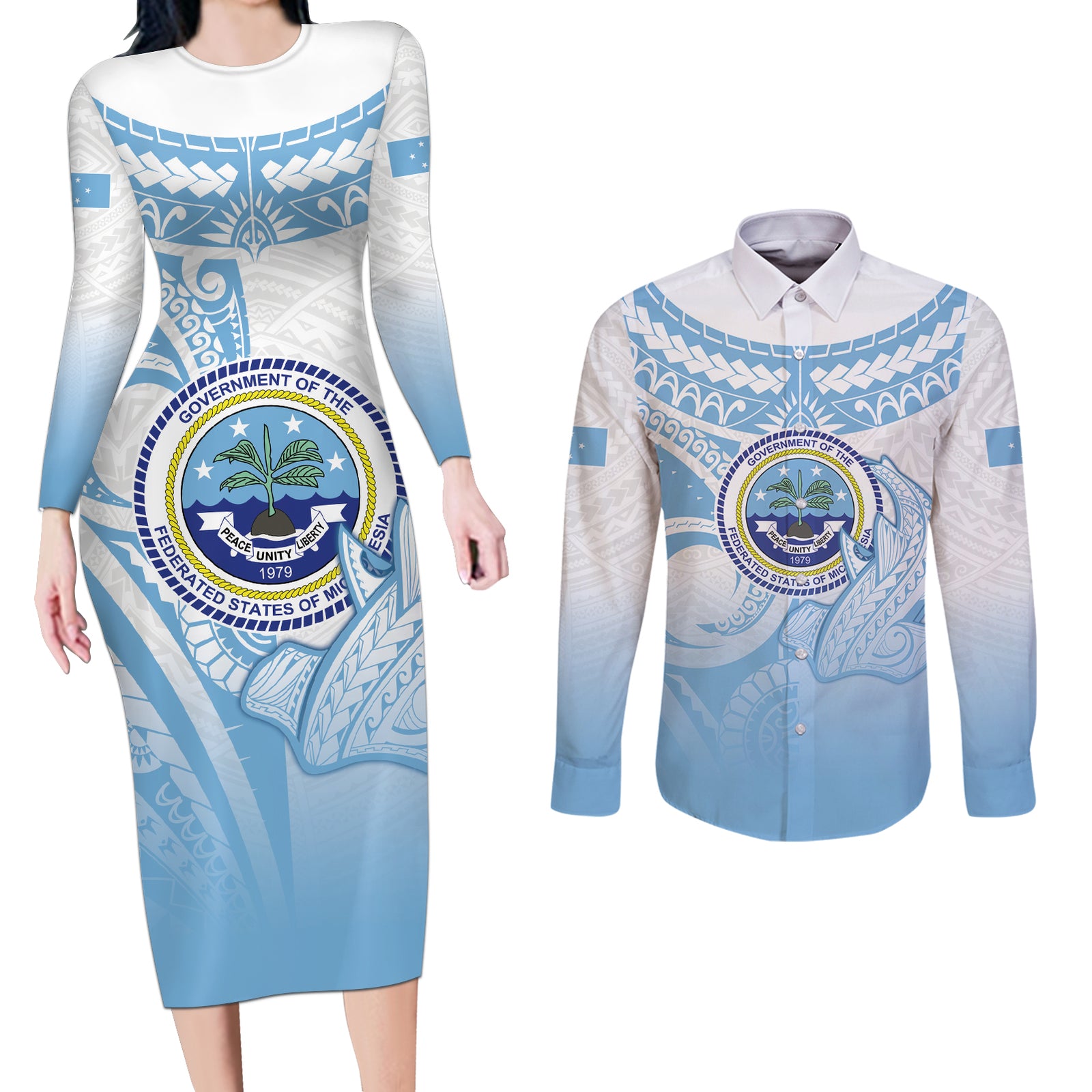 Micronesia Constitution Day Couples Matching Long Sleeve Bodycon Dress and Long Sleeve Button Shirt Polynesian Tribal Tattoo Simple Style
