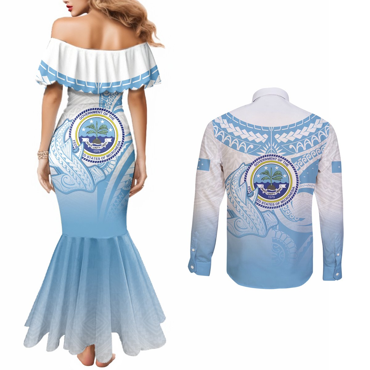 Micronesia Constitution Day Couples Matching Mermaid Dress and Long Sleeve Button Shirt Polynesian Tribal Tattoo Simple Style