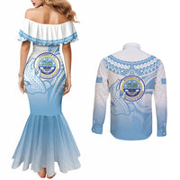Micronesia Constitution Day Couples Matching Mermaid Dress and Long Sleeve Button Shirt Polynesian Tribal Tattoo Simple Style