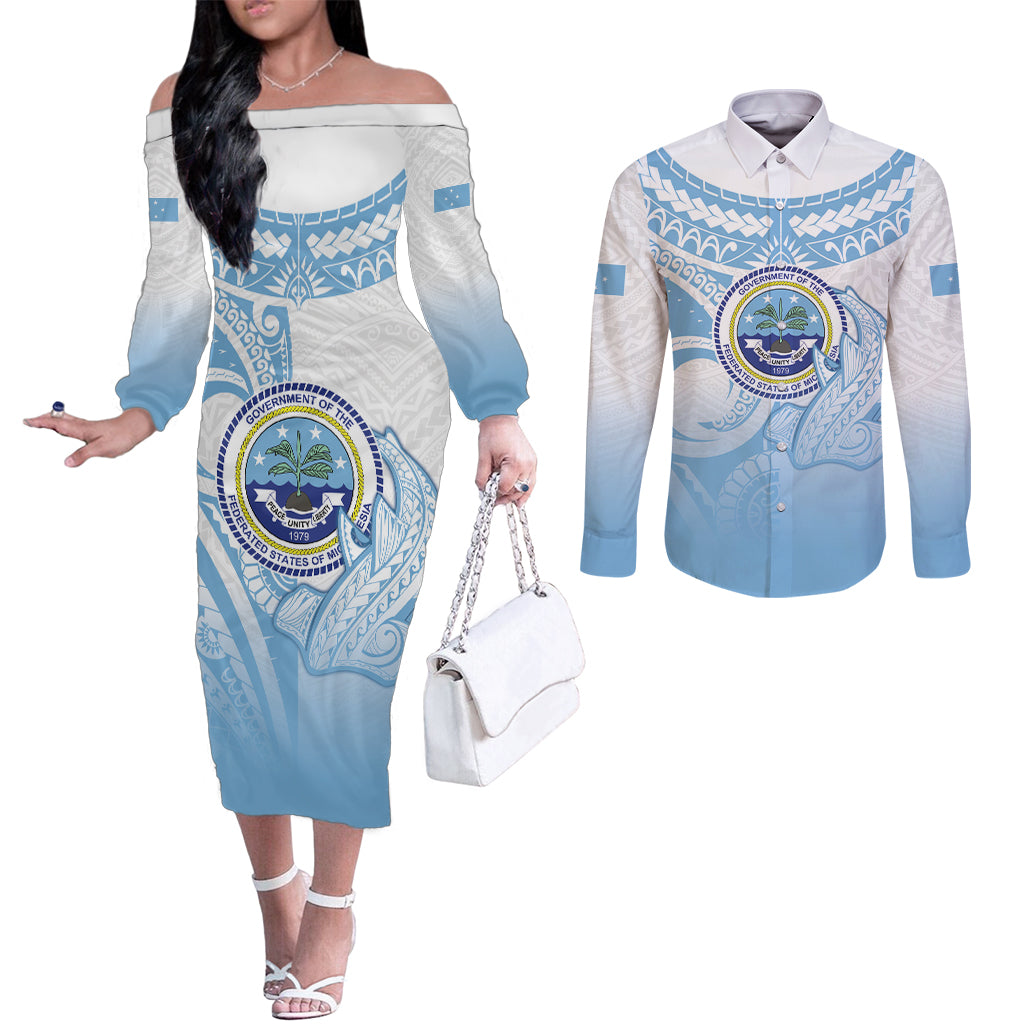 Micronesia Constitution Day Couples Matching Off The Shoulder Long Sleeve Dress and Long Sleeve Button Shirt Polynesian Tribal Tattoo Simple Style
