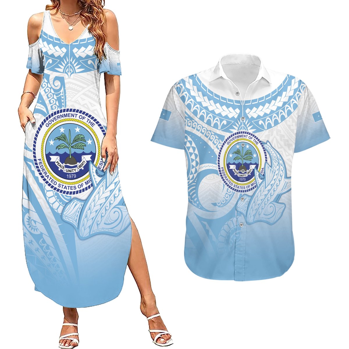 Micronesia Constitution Day Couples Matching Summer Maxi Dress and Hawaiian Shirt Polynesian Tribal Tattoo Simple Style