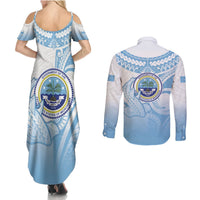 Micronesia Constitution Day Couples Matching Summer Maxi Dress and Long Sleeve Button Shirt Polynesian Tribal Tattoo Simple Style