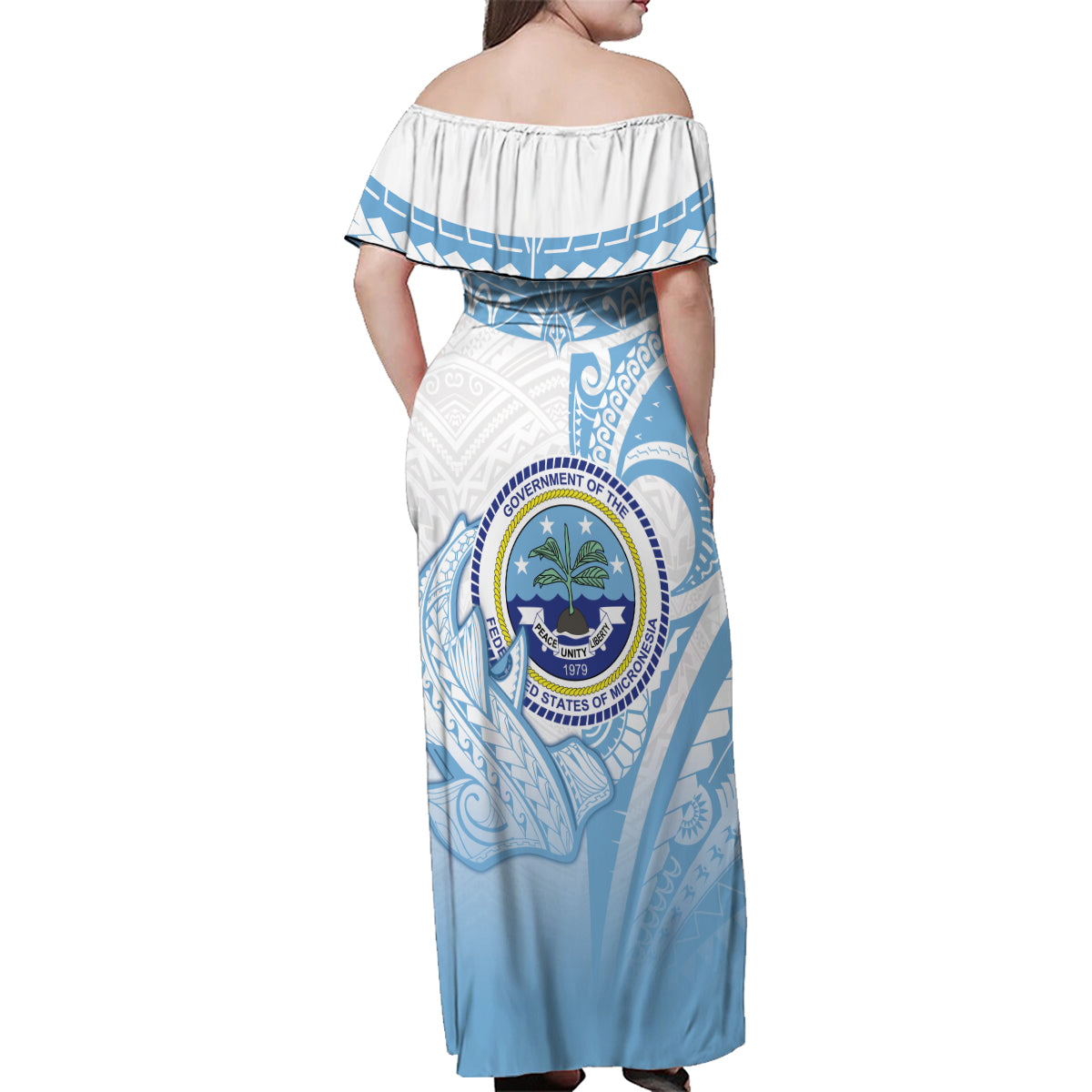 Micronesia Constitution Day Family Matching Off Shoulder Maxi Dress and Hawaiian Shirt Polynesian Tribal Tattoo Simple Style