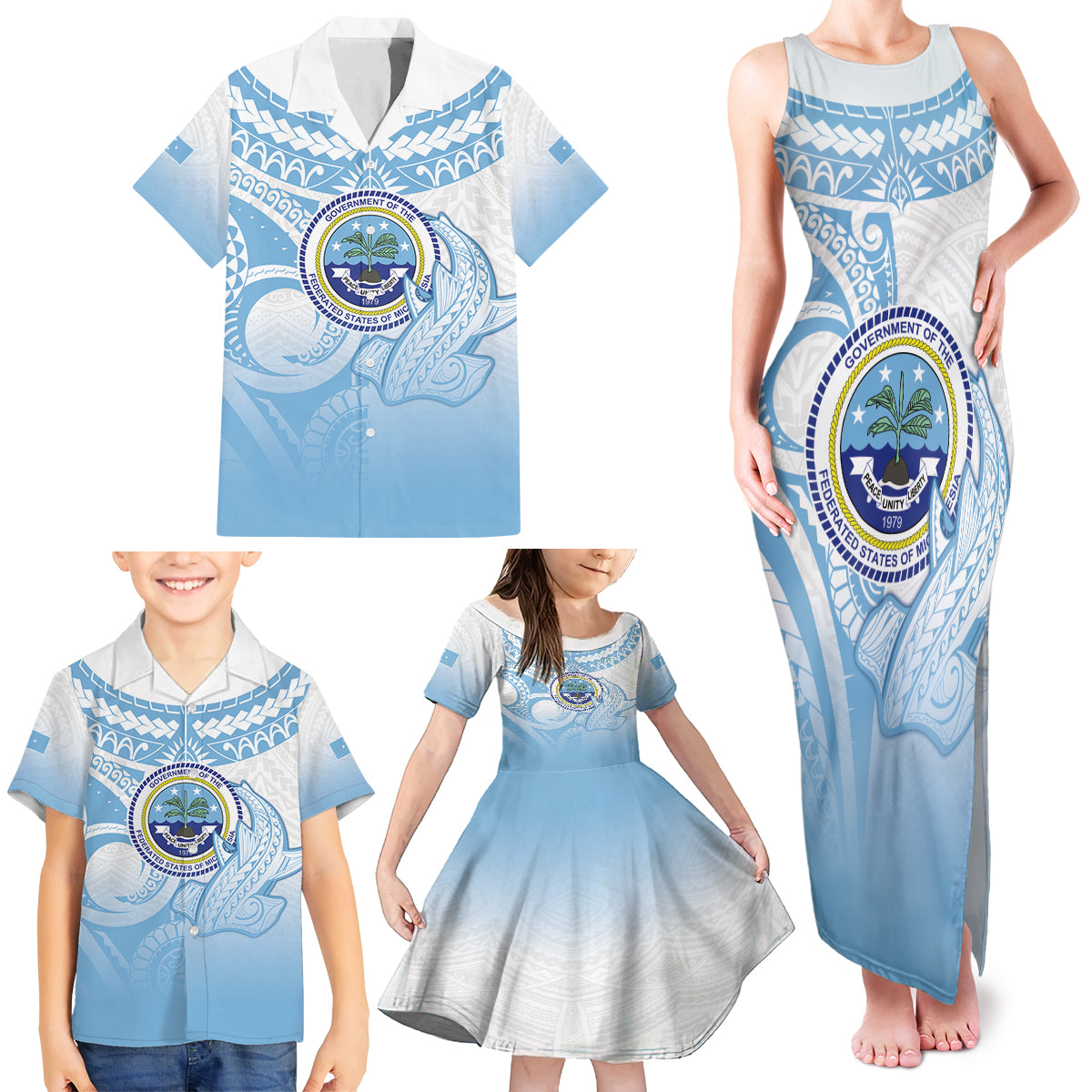 Micronesia Constitution Day Family Matching Tank Maxi Dress and Hawaiian Shirt Polynesian Tribal Tattoo Simple Style