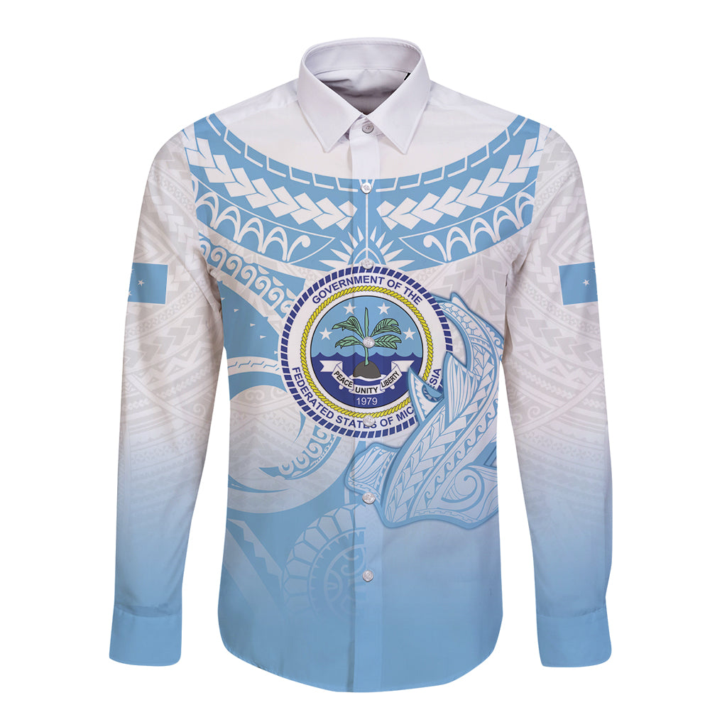 Micronesia Constitution Day Long Sleeve Button Shirt Polynesian Tribal Tattoo Simple Style