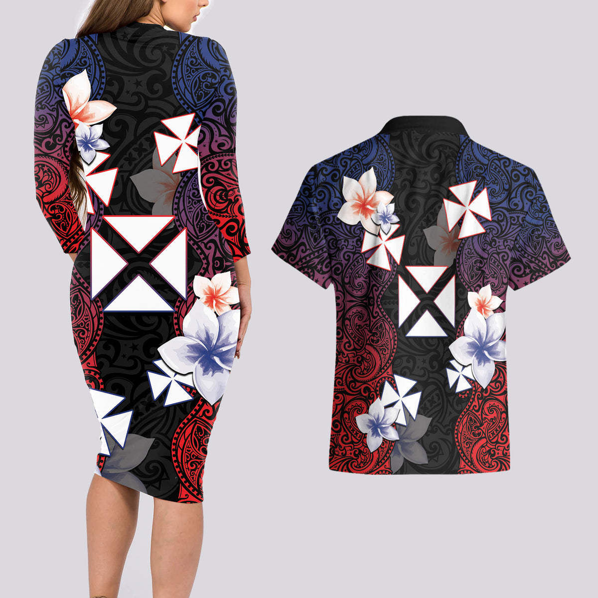 Wallis and Futuna Uvea Couples Matching Long Sleeve Bodycon Dress and Hawaiian Shirt Victory Day With Frangipani
