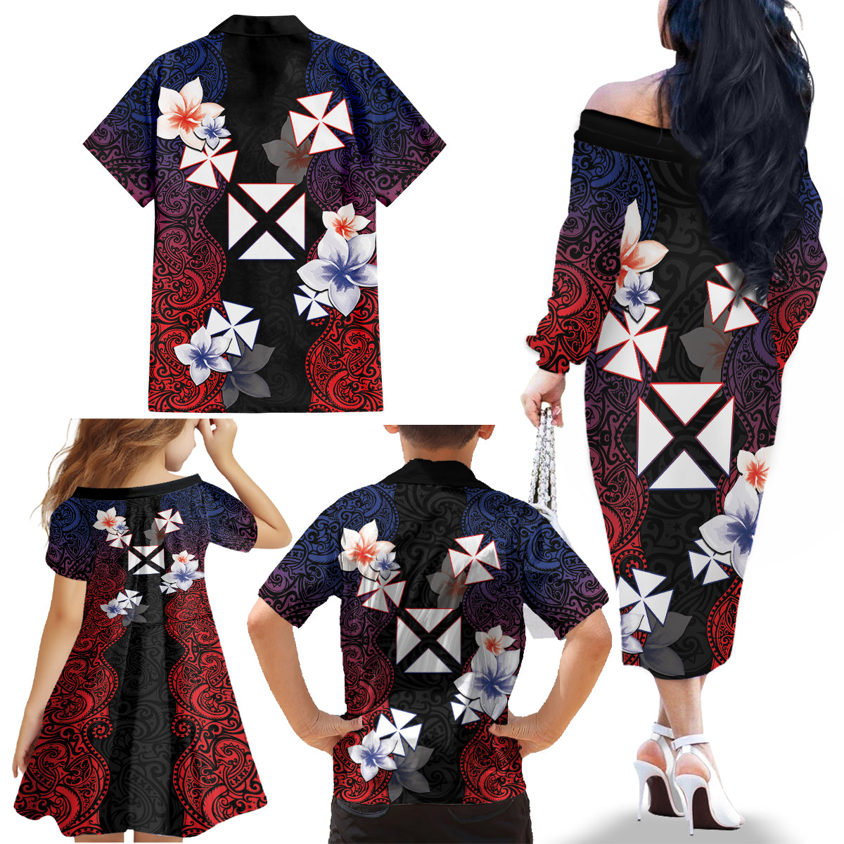 Wallis and Futuna Uvea Family Matching Off The Shoulder Long Sleeve Dress and Hawaiian Shirt Victory Day With Frangipani