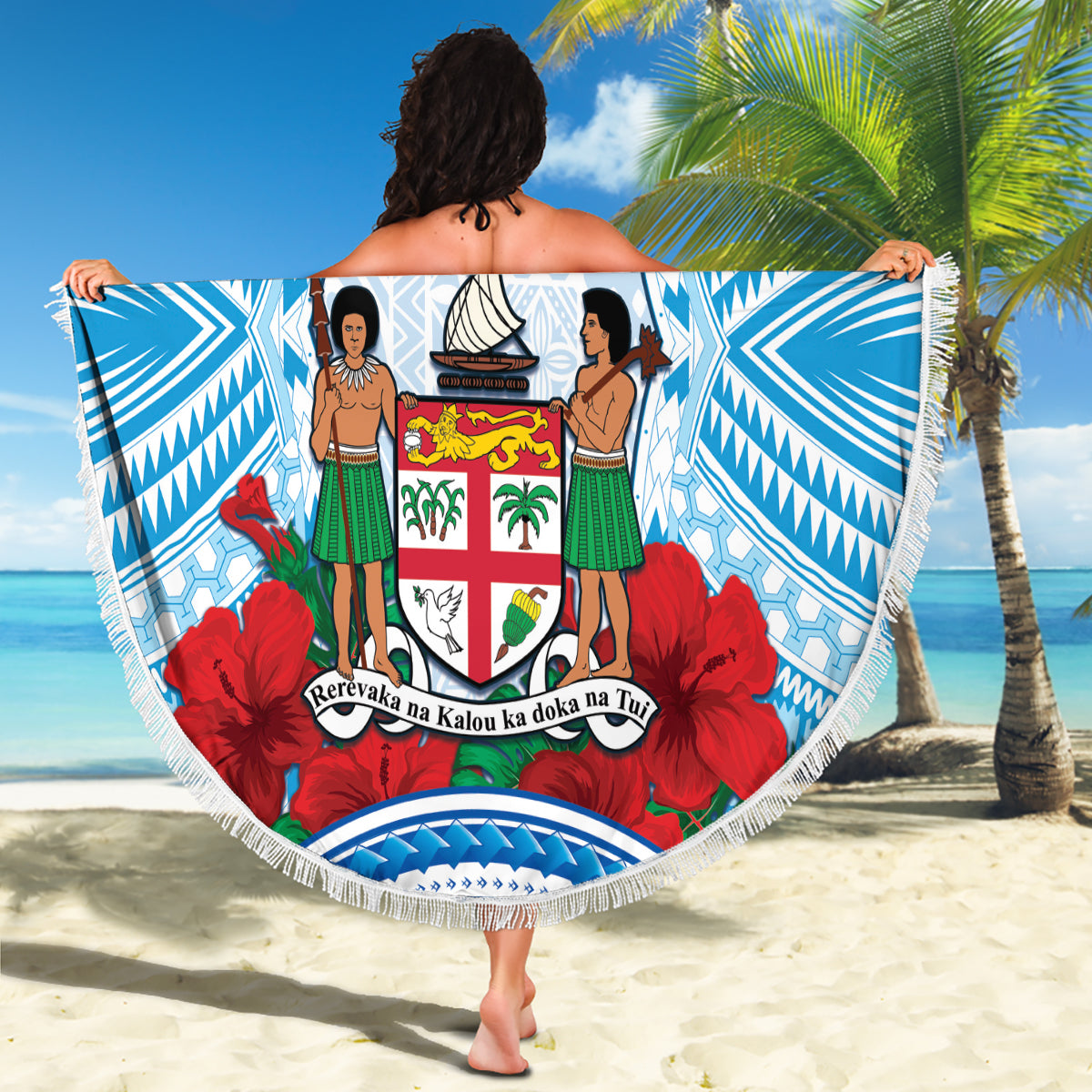 Fiji Ratu Sir Lala Sukuna Day Beach Blanket Hibiscus Tapa Pattern