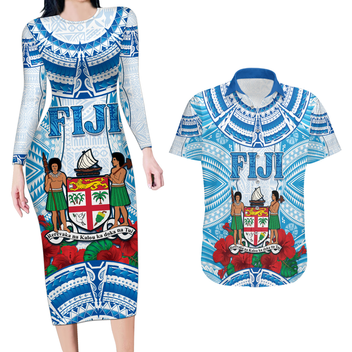 Personalised Fiji Ratu Sir Lala Sukuna Day Couples Matching Long Sleeve Bodycon Dress and Hawaiian Shirt Hibiscus Tapa Pattern LT05 Blue - Polynesian Pride