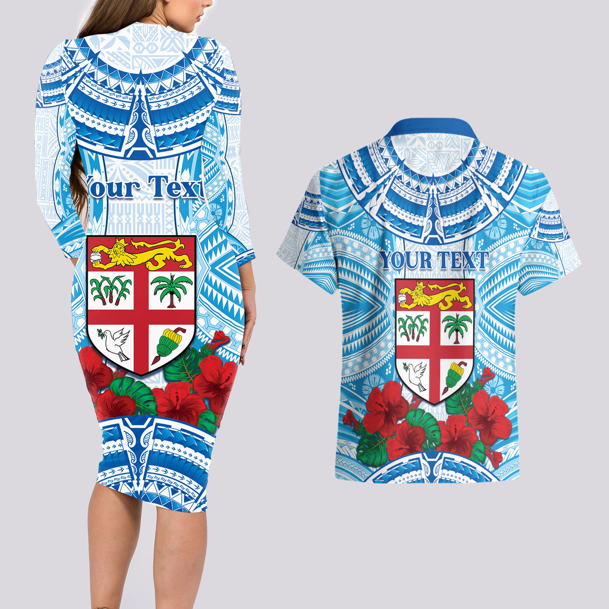 Personalised Fiji Ratu Sir Lala Sukuna Day Couples Matching Long Sleeve Bodycon Dress and Hawaiian Shirt Hibiscus Tapa Pattern LT05 - Polynesian Pride