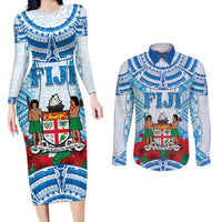 Personalised Fiji Ratu Sir Lala Sukuna Day Couples Matching Long Sleeve Bodycon Dress and Long Sleeve Button Shirt Hibiscus Tapa Pattern LT05 Blue - Polynesian Pride