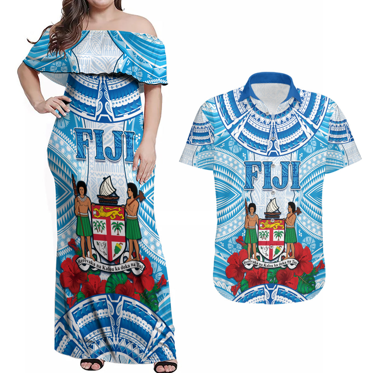 Personalised Fiji Ratu Sir Lala Sukuna Day Couples Matching Off Shoulder Maxi Dress and Hawaiian Shirt Hibiscus Tapa Pattern LT05 Blue - Polynesian Pride