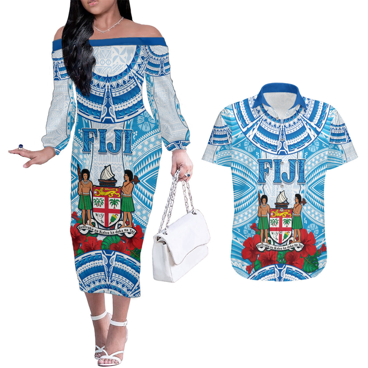 Personalised Fiji Ratu Sir Lala Sukuna Day Couples Matching Off The Shoulder Long Sleeve Dress and Hawaiian Shirt Hibiscus Tapa Pattern