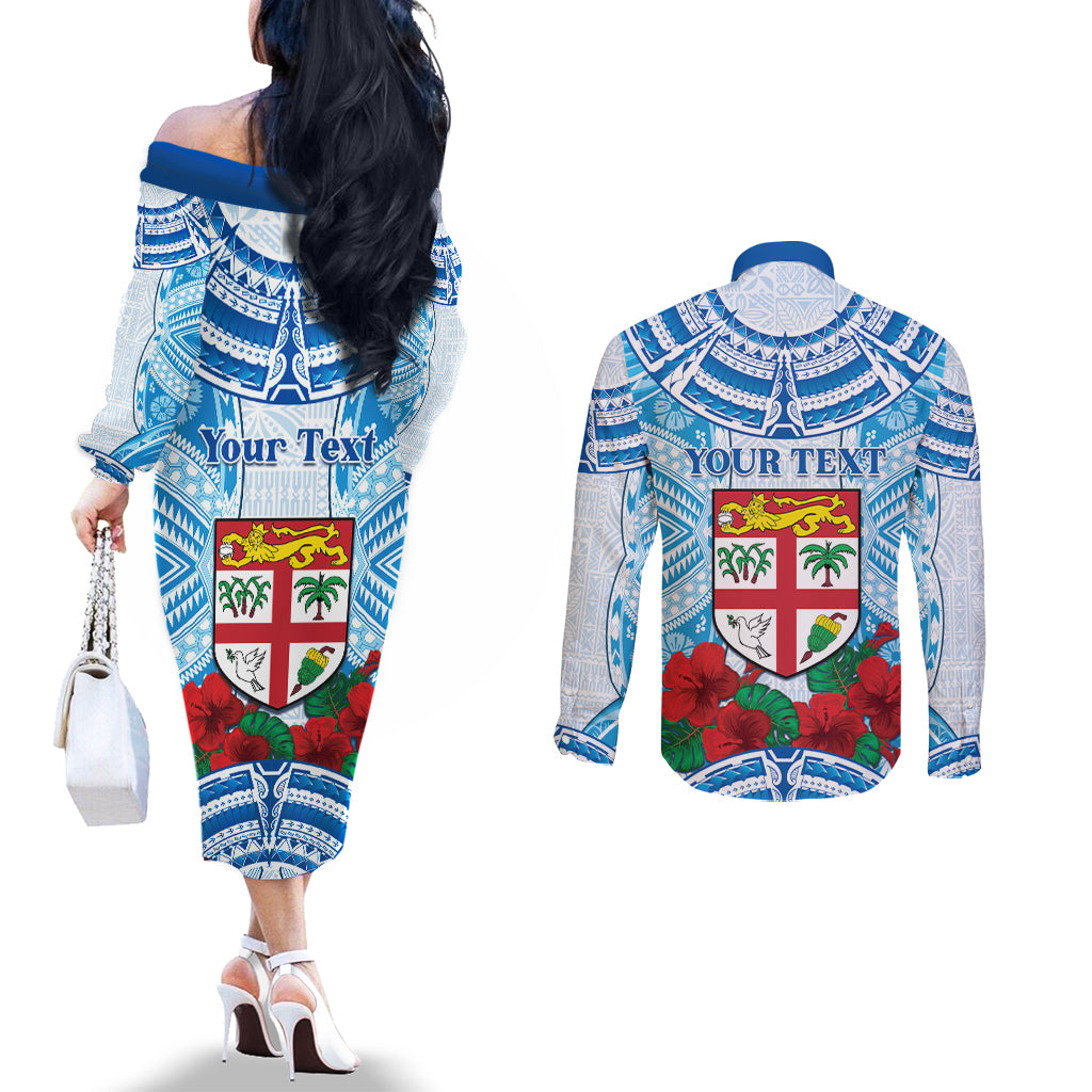 Personalised Fiji Ratu Sir Lala Sukuna Day Couples Matching Off The Shoulder Long Sleeve Dress and Long Sleeve Button Shirt Hibiscus Tapa Pattern LT05 - Polynesian Pride