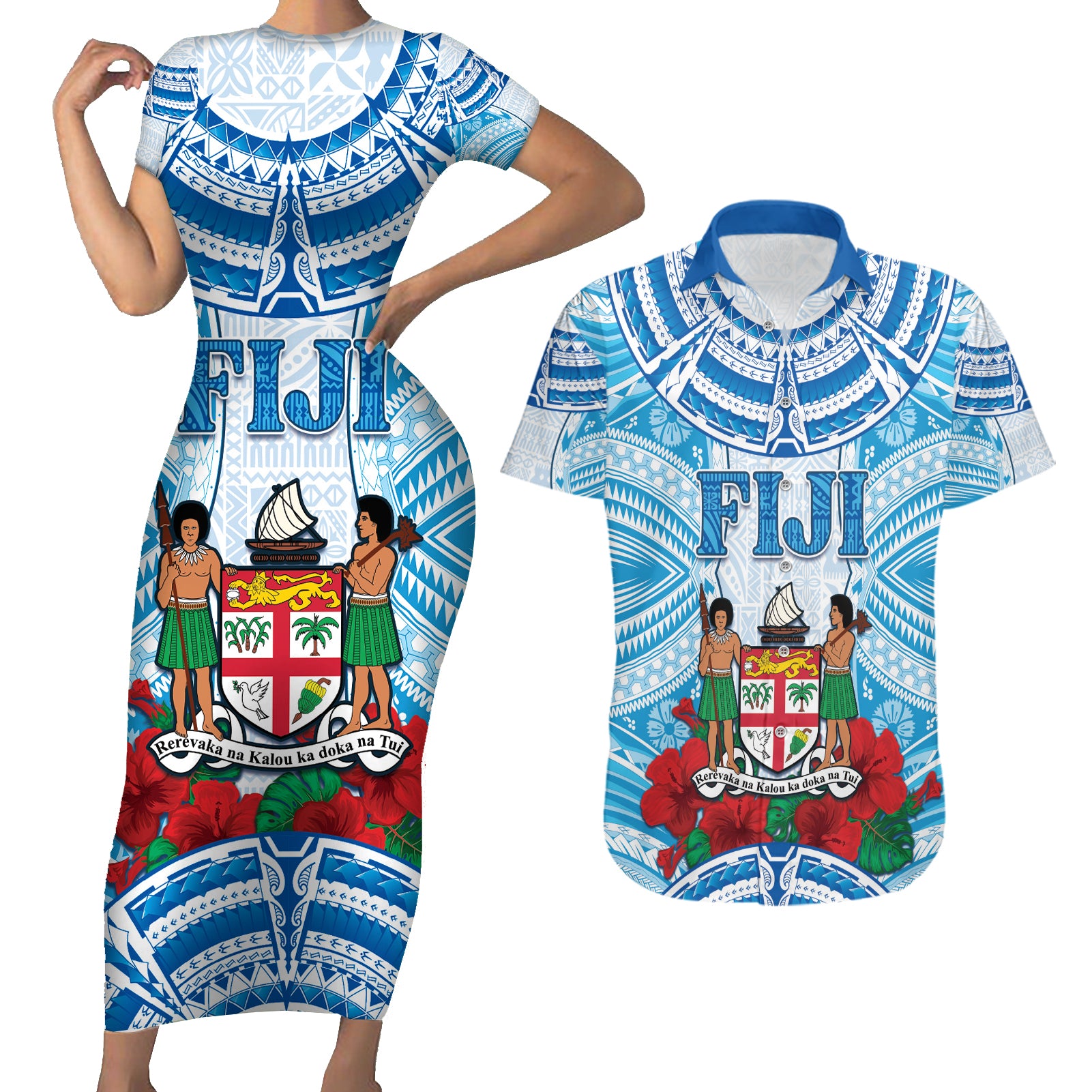 Personalised Fiji Ratu Sir Lala Sukuna Day Couples Matching Short Sleeve Bodycon Dress and Hawaiian Shirt Hibiscus Tapa Pattern