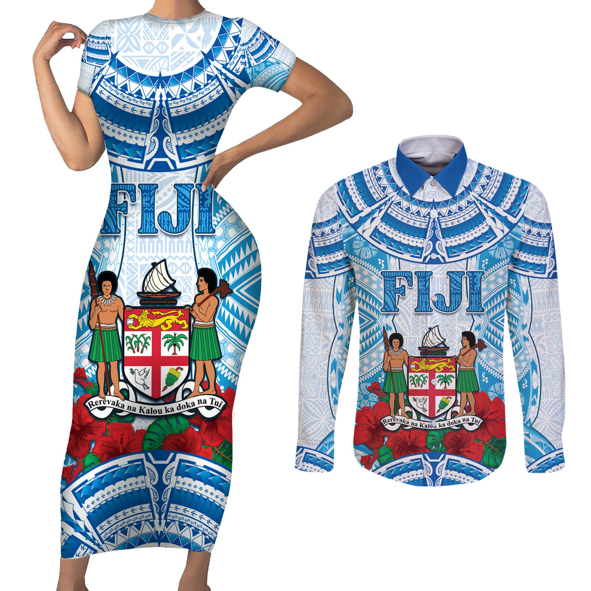 Personalised Fiji Ratu Sir Lala Sukuna Day Couples Matching Short Sleeve Bodycon Dress and Long Sleeve Button Shirt Hibiscus Tapa Pattern LT05 Blue - Polynesian Pride