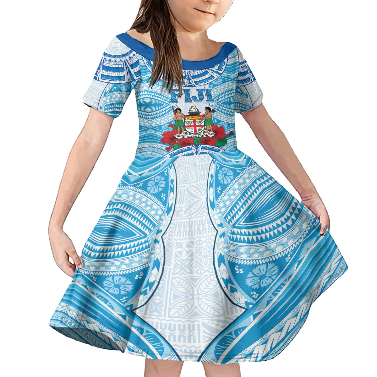 Personalised Fiji Ratu Sir Lala Sukuna Day Family Matching Puletasi and Hawaiian Shirt Hibiscus Tapa Pattern LT05 Daughter's Dress Blue - Polynesian Pride