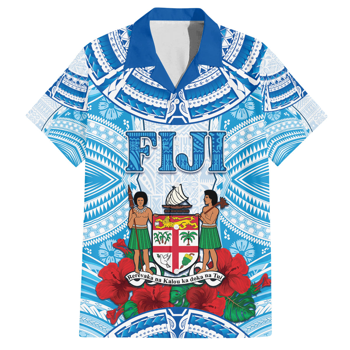 Personalised Fiji Ratu Sir Lala Sukuna Day Family Matching Puletasi and Hawaiian Shirt Hibiscus Tapa Pattern LT05 Dad's Shirt - Short Sleeve Blue - Polynesian Pride