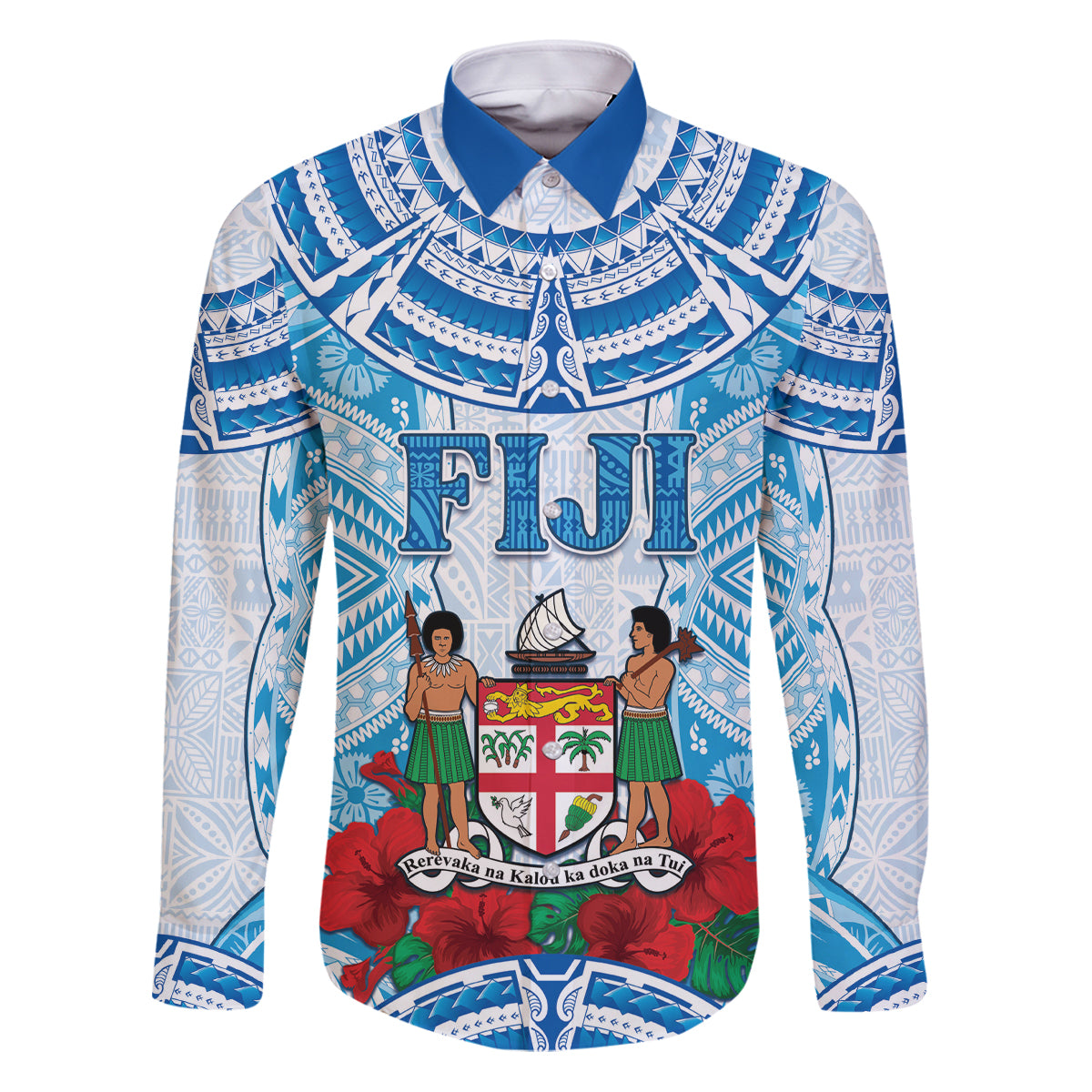 Personalised Fiji Ratu Sir Lala Sukuna Day Family Matching Puletasi and Hawaiian Shirt Hibiscus Tapa Pattern LT05 Dad's Shirt - Long Sleeve Blue - Polynesian Pride