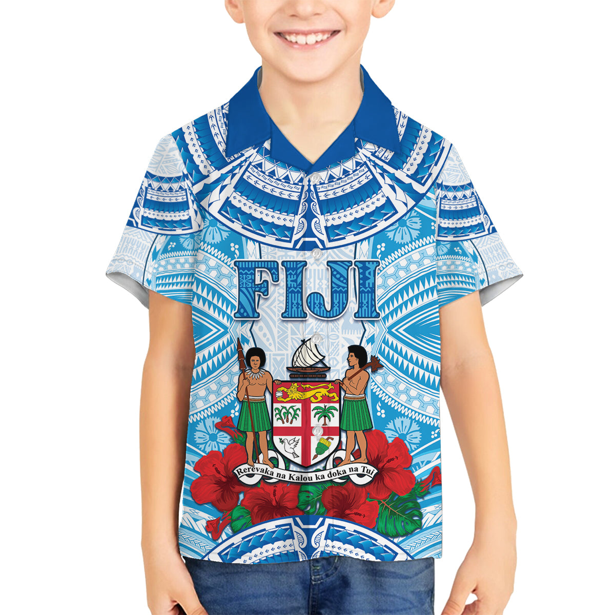 Personalised Fiji Ratu Sir Lala Sukuna Day Family Matching Puletasi and Hawaiian Shirt Hibiscus Tapa Pattern LT05 Son's Shirt Blue - Polynesian Pride
