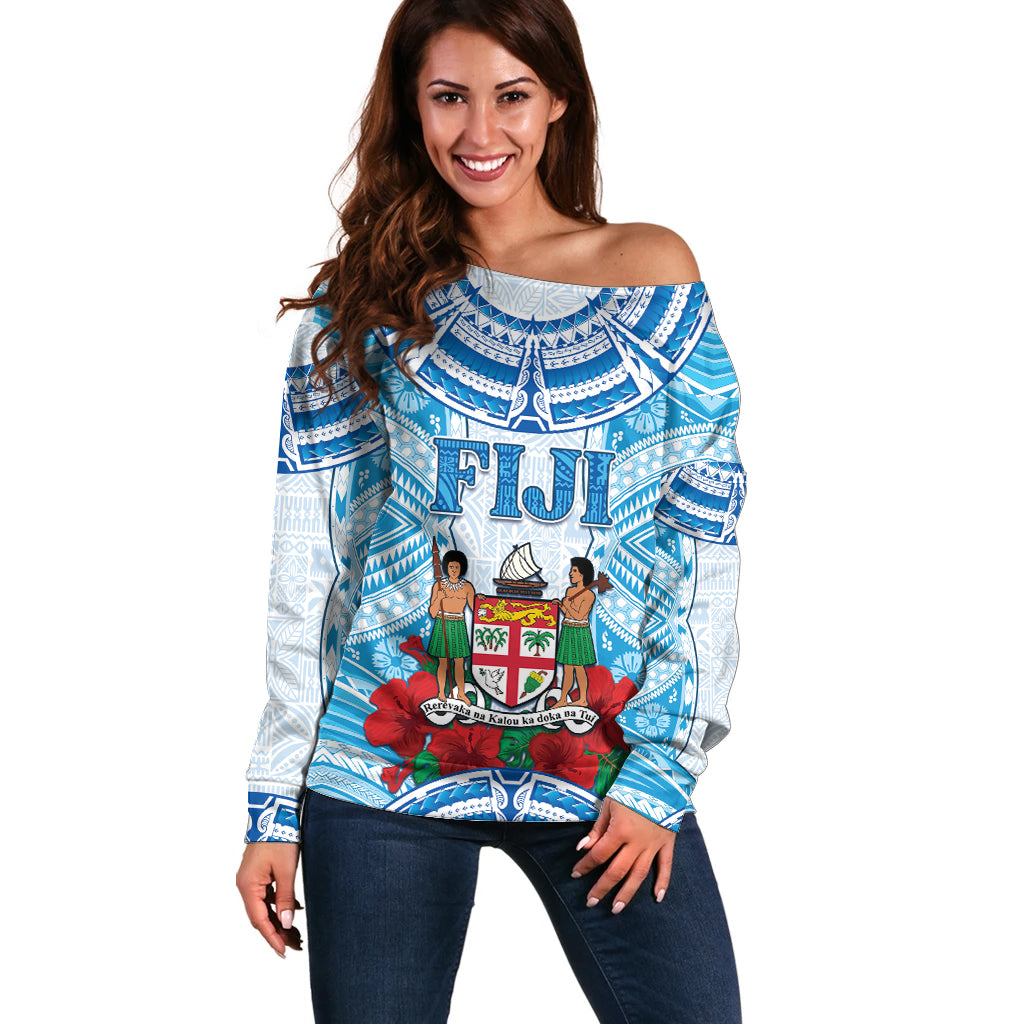 Personalised Fiji Ratu Sir Lala Sukuna Day Off Shoulder Sweater Hibiscus Tapa Pattern LT05 Women Blue - Polynesian Pride