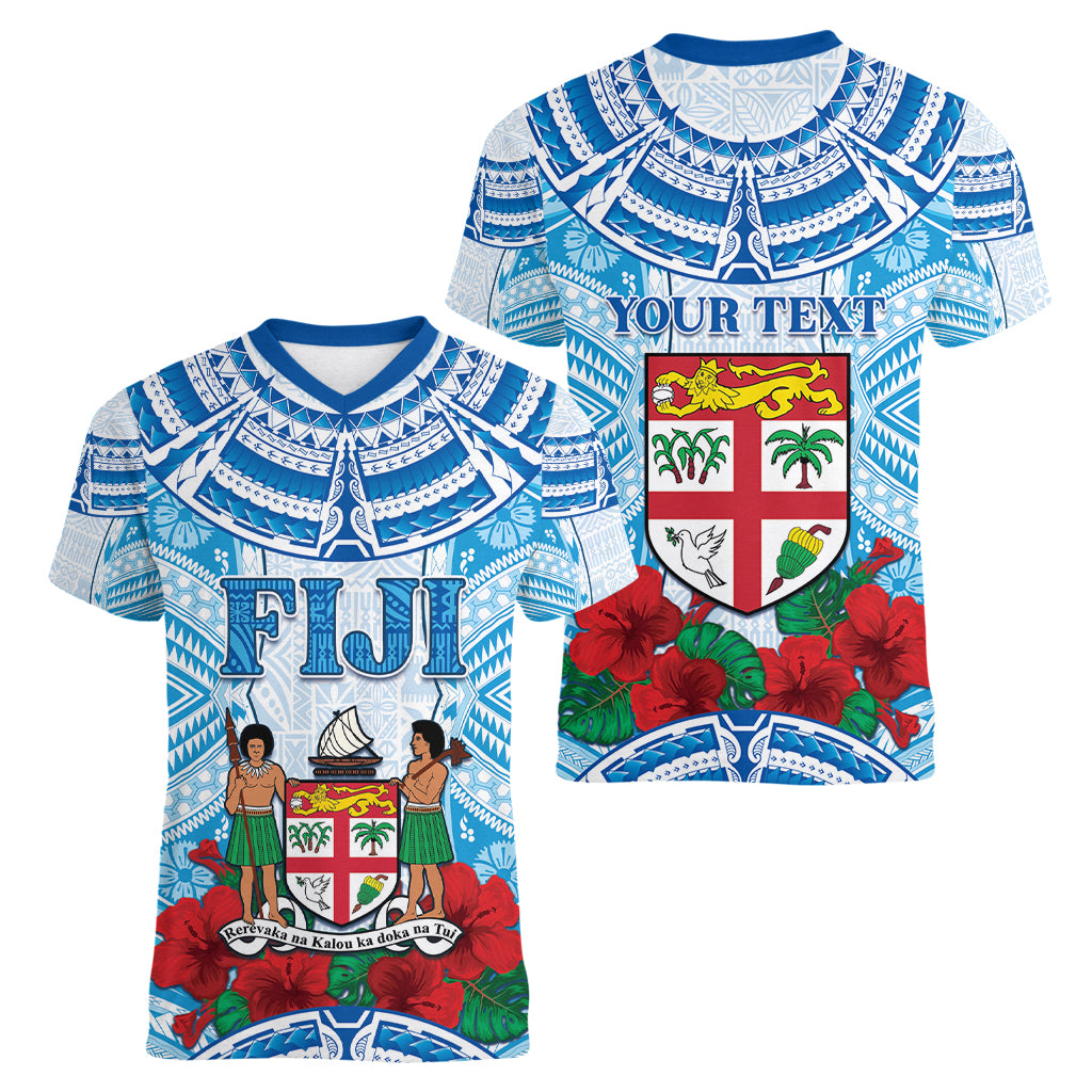 Personalised Fiji Ratu Sir Lala Sukuna Day Women V-Neck T-Shirt Hibiscus Tapa Pattern