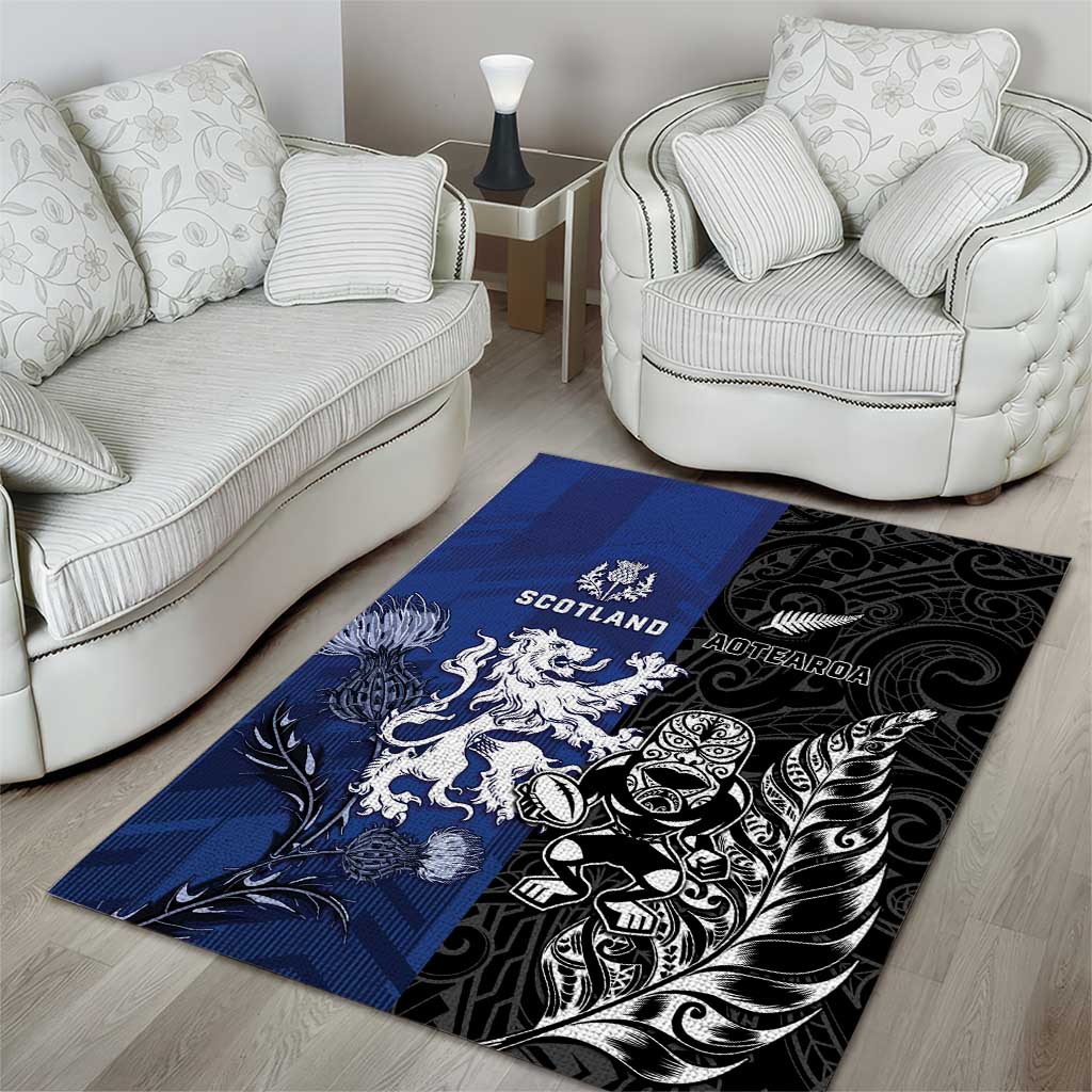 New Zealand And Scotland Rugby Area Rug Maori Tiki With Thistle Together
