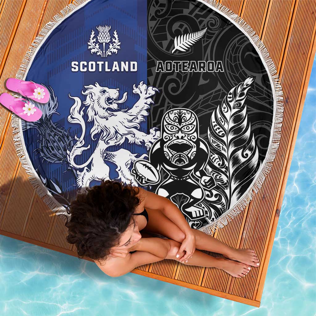 New Zealand And Scotland Rugby Beach Blanket Maori Tiki With Thistle Together