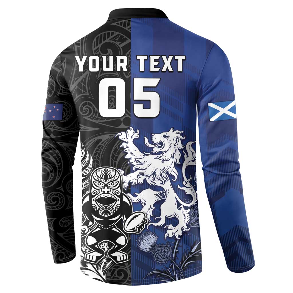 New Zealand And Scotland Rugby Custom Button Sweatshirt Maori Tiki With Thistle Together