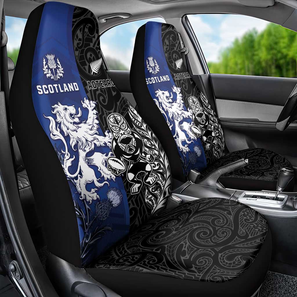New Zealand And Scotland Rugby Car Seat Cover Maori Tiki With Thistle Together
