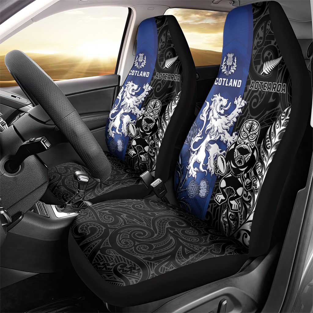 New Zealand And Scotland Rugby Car Seat Cover Maori Tiki With Thistle Together