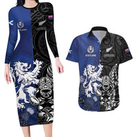 New Zealand And Scotland Rugby Custom Couples Matching Long Sleeve Bodycon Dress and Hawaiian Shirt Maori Tiki With Thistle Together