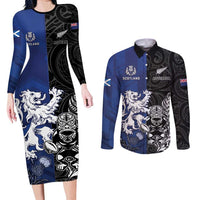 New Zealand And Scotland Rugby Custom Couples Matching Long Sleeve Bodycon Dress and Long Sleeve Button Shirt Maori Tiki With Thistle Together