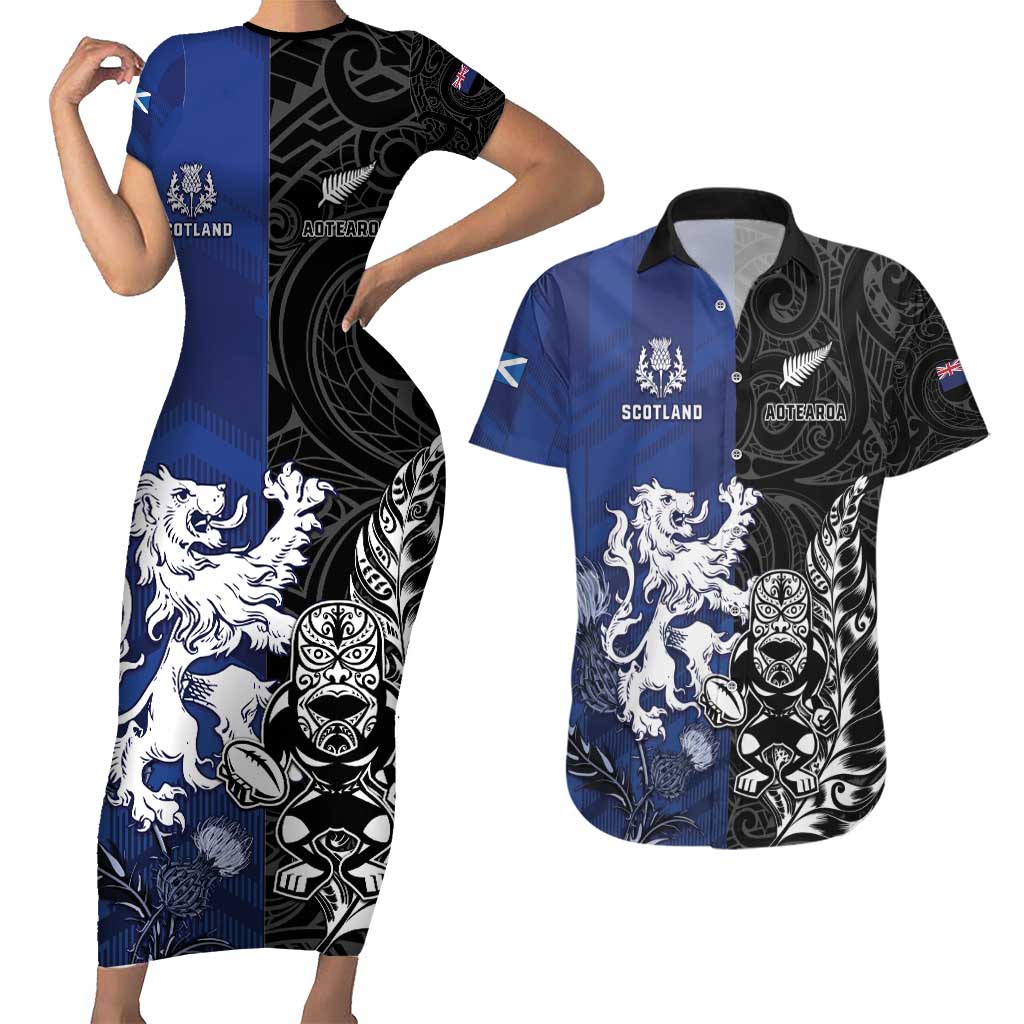 New Zealand And Scotland Rugby Custom Couples Matching Short Sleeve Bodycon Dress and Hawaiian Shirt Maori Tiki With Thistle Together