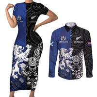 New Zealand And Scotland Rugby Custom Couples Matching Short Sleeve Bodycon Dress and Long Sleeve Button Shirt Maori Tiki With Thistle Together